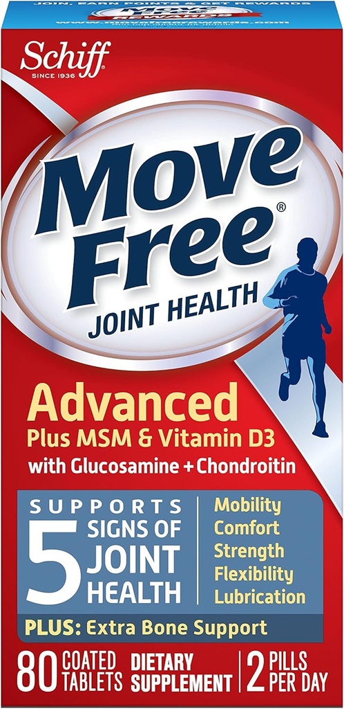 Move Free Advanced Glucosamine Chondroitin MSM Vitamin D3 e Hyaluronic Acid Joint Supplement, 80 Count