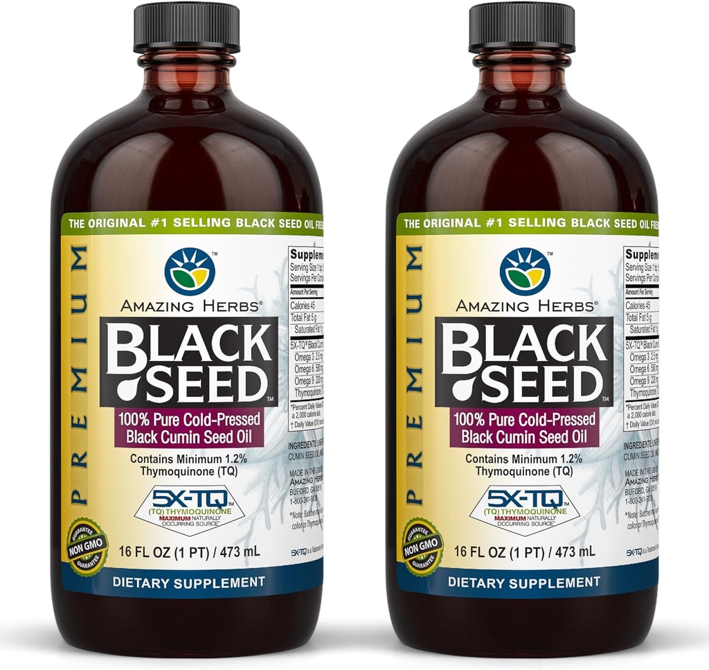 Amazing Herbs Premium Black Seed Oil - Gluten Free, Non OGM, Cold Pressed Nigella Sativa Aids in Digestive Health, Supporto immunitario, Funzione cerebrale, Mobilità congiunta - 16 Fl Oz (Pack of 2)