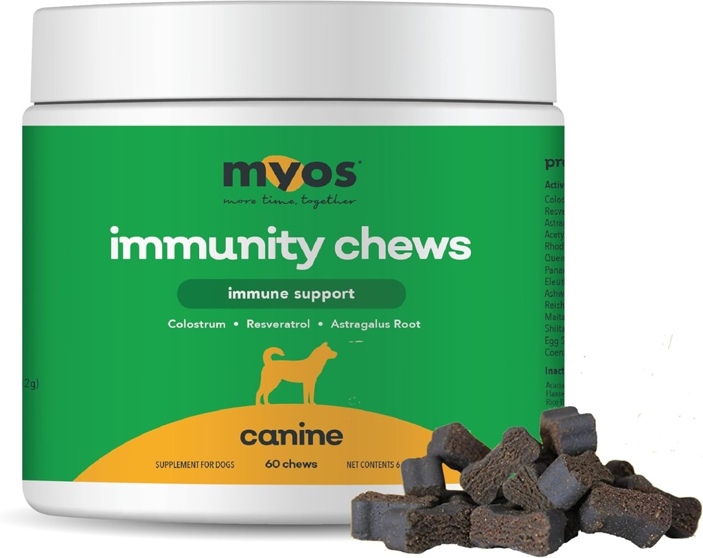 MYOS Immunity Chew for Dogs - Immune System Support, Antiossidanti, Aiuta la Salute Cellulare & Vitality- con Colostrum, Resveratrolo, Astragalus Root, and Mushrooms- Daily Chewable Supplement