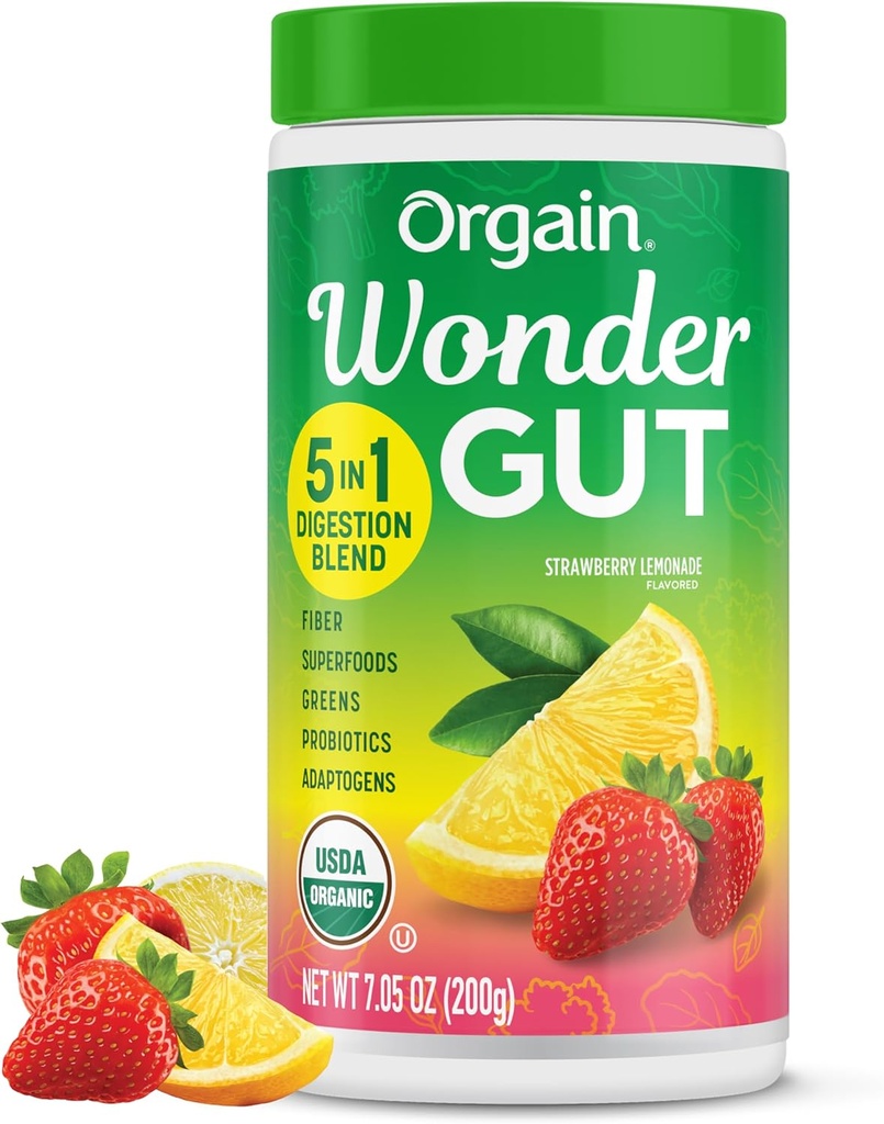 Orgain Organic Wonder Gut Fiber Supplement Powder, 5 in 1 Blend con 1 miliardo di Probiotici, Verdi, Vitamina C, Adaptogens for Gut Health and Immune Support, Non-GMO, Strawberry Lemonade, 7,05 oz