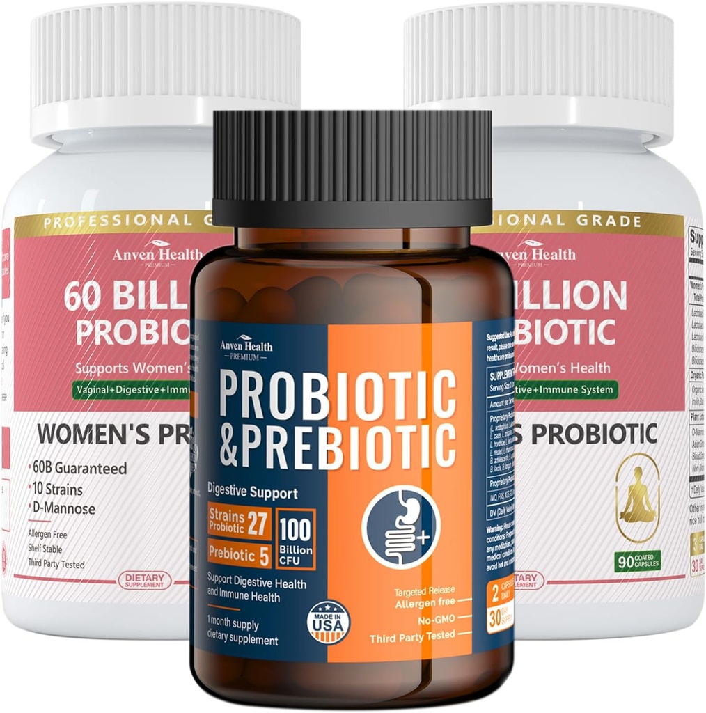 Gut Health Support Bundle: 2 Bottiglie di Probiotici Donna + 1 Bottiglia di Probiotici Universali – Digestivo, Urinario & Salute Immune per Uomini & Donne