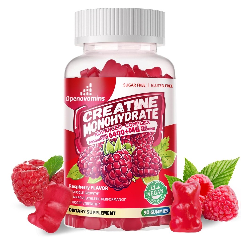 Creatina Monoidrato Gummies Complex 6400mg per uomini e donne -Formula avanzata W/L-Taurine + Vitamina B12, Zucchero gratuito Chewable Supplement,90 Raspberry Gummies