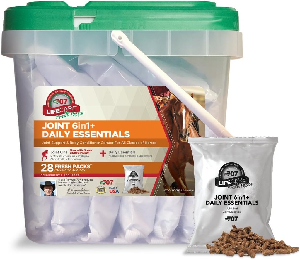 Formula 707 Joint 6in1 + Daily Essentials Combo Fresh Packs Equine Supplement, 28 giorni Alimentazione: Musella verde-lipped, Glucosamina, Condroitina, Collage, Bromelain & MSM + Vitamine complete