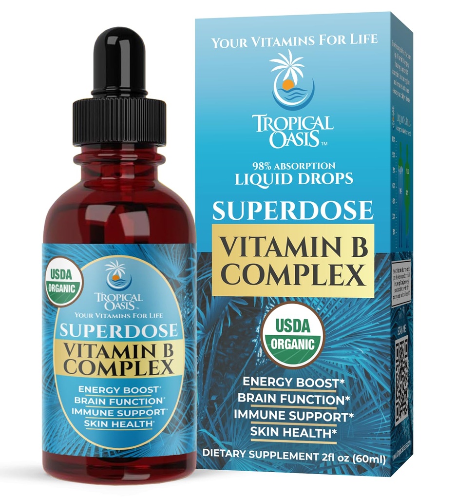 Superdose Organic Vitamina B Complex Liquid Drops | 125.000% DV Vitamina B12, B6, Biotin, Niacin, Folate | Energia, Salute cerebrale, Supporto immunitario | USDA Organic, Vegan, Non-GMO | 60 Serv, 2 Mo. Alimentazione