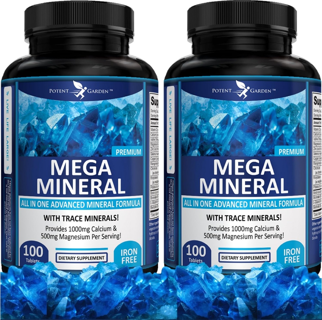 Potente giardino 2-Pack Mega Supplemento minerale Complesso minerale completo con calcio Magnesio Zinc Potassium Boron Selenium Chromium & 72 Trace Minerals Iron Free Calcium Supplement -200 pillole