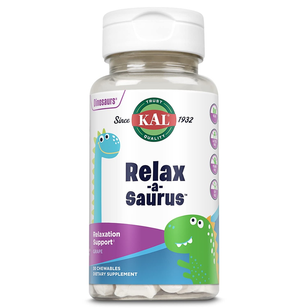 KAL Relax-a-Saurus, Supporto per lo stress Supplemento per bambini, L-teanina per i bambini con lo stress erboso sollievo & Blend, Delicious Natural Grape Flavor, 60-Day Guarantee, 30 Chewables