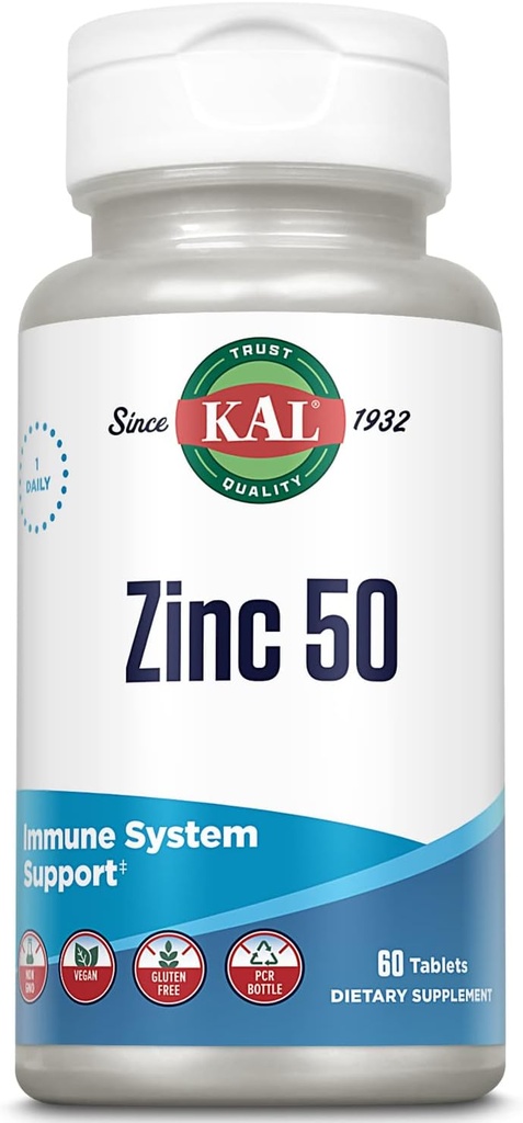 KAL Zinc 50mg Hydroxy Acid Complex, Metabolismo sano e supplemento di supporto immunitario con zinco Orotate, Citrato di zinco, Assorbimento potenziato w/ActiSorb, Vegan, Gluten Free, Non-GMO, 60 Serv, 60 compresse