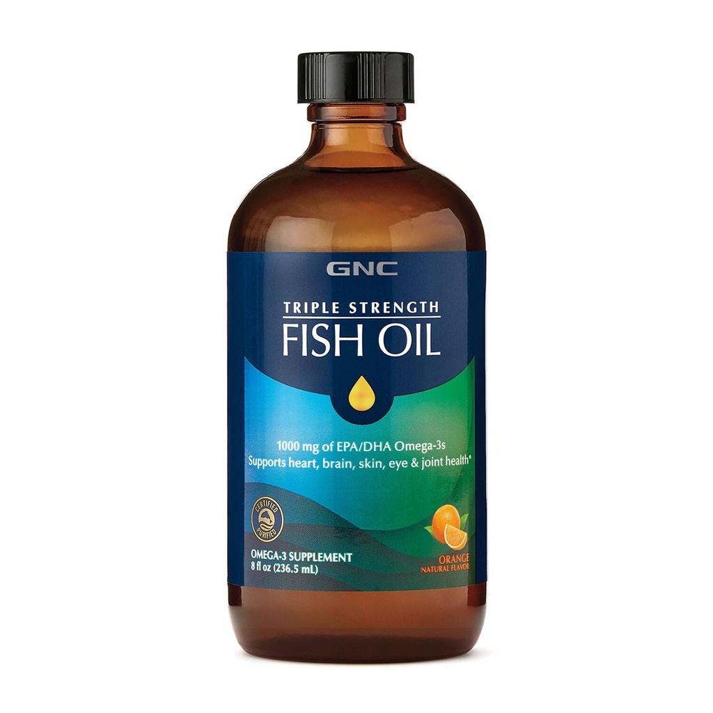 GNC Triple Strength Fish Oil Liquid Supplemento, Wild Deep Ocean Caught. con 1000mg EPA DHA Omega 3s, per, Cuore, Cervello, Pelle, Occhio, Joint Health, Natural Orange Flavor, 8 Fl Oz, 47 Serve