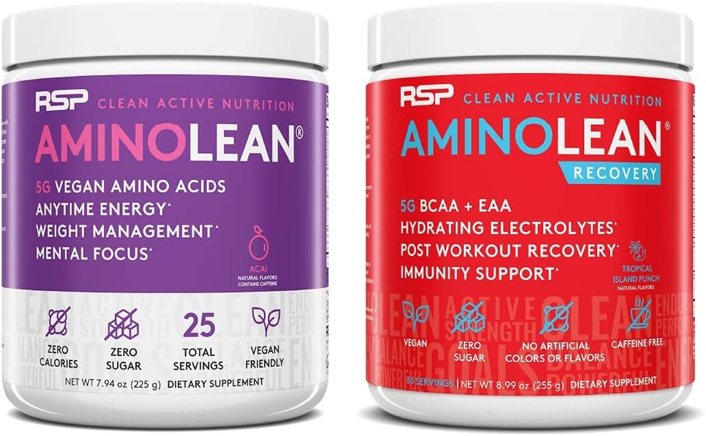 RSP NUTRITION Vegan AminoLean Pre Workout Energy (Acai 25 Serve) con AminoLean Recovery Post Workout Boost (Tropical Island Punch 30 Servings)