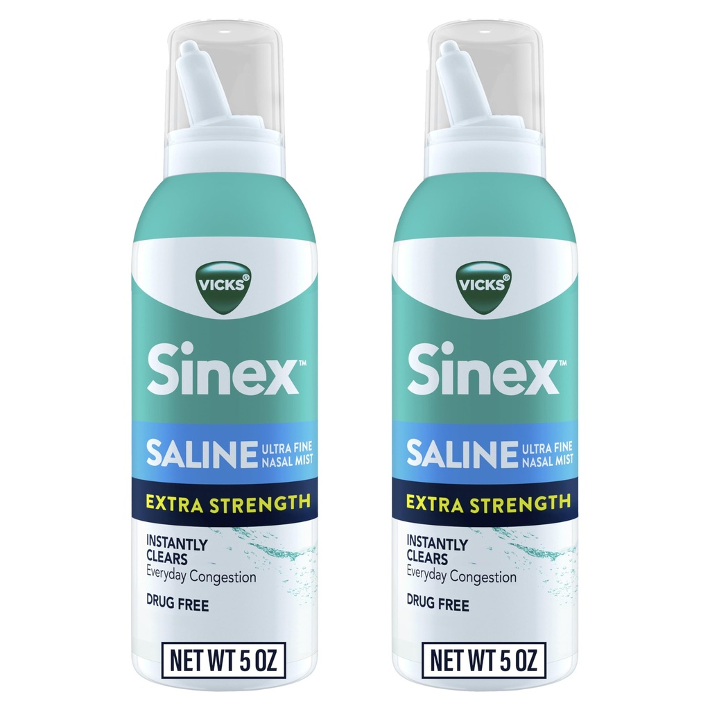 VACKS Sinex Saline spray nasale ad alta resistenza, 3X Concentrated* Droga Free Ultra Fine Mist, elimina istantaneamente il muco, ultra concentrato per eliminare la congestione veloce, sicuro per uso quotidiano, 5 OZ x 2