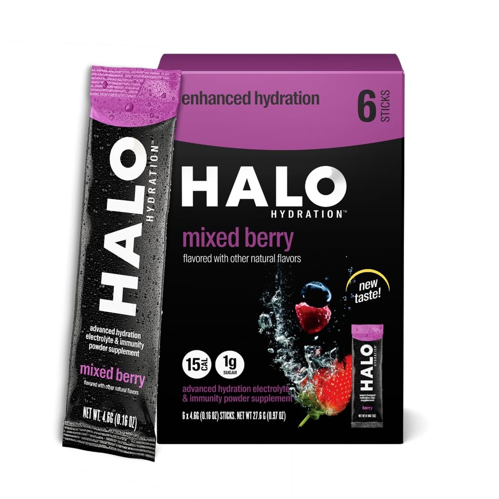 HALO Hydration - Electrolyte Drink Mix | Idration Powder Packets | Berry Flavor – Per sport e ciclismo | Easy Open Single Serving Stick | 6 Stick