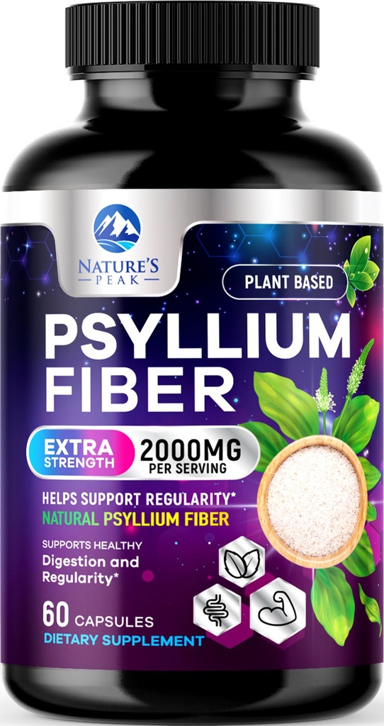 Psyllium Husk Fiber Supplemento 1500mg - Vegan Prebiotic, Fibra solubile per il supporto giornaliero della salute e della regolarità, capsule naturali della polvere di Psyllium, senza zucchero, senza OGM & senza glutine - 60 capsule