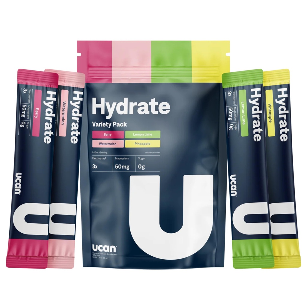 UCAN Hydrate Electrolyte Drink Mix (Variety Pack, 12 Stickpacks) senza zucchero, Keto-Friendly, Vegan, Non OGM, Gluten-Free Electrolyte Powder with Potassium & Magnesium for Runners & Athletes