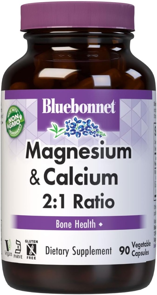 Bluebonnet Nutrition Magnesium & Calcium 2:1 Ratio, Bone Health*, Non OGM, Vegan, Kosher Certified, Gluten-Free, Soy-Free, Dairy-Free, 90 capsule vegetali, 30 Serve
