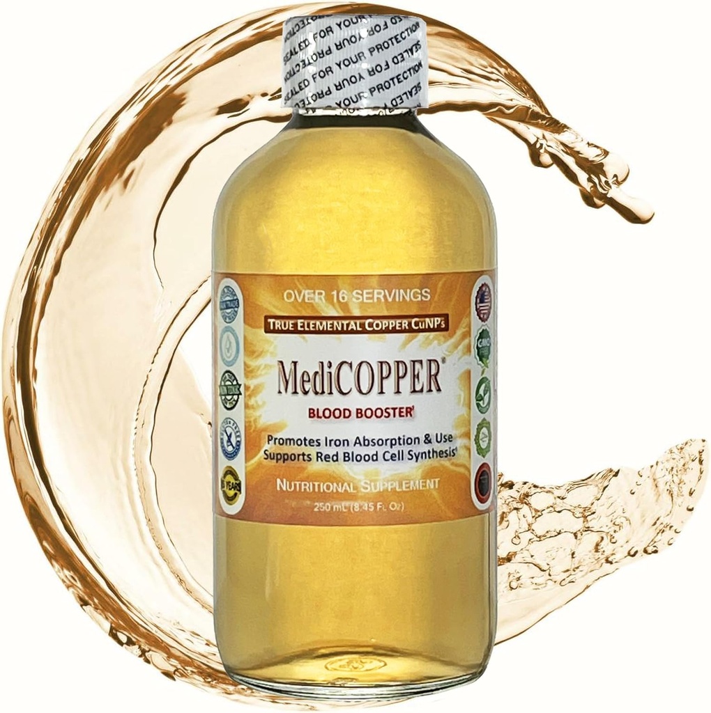 MediCOPPER Blood Booster True Colloidal Copper CuNP Nutriente - 250 mL in bottiglia di vetro trasparente
