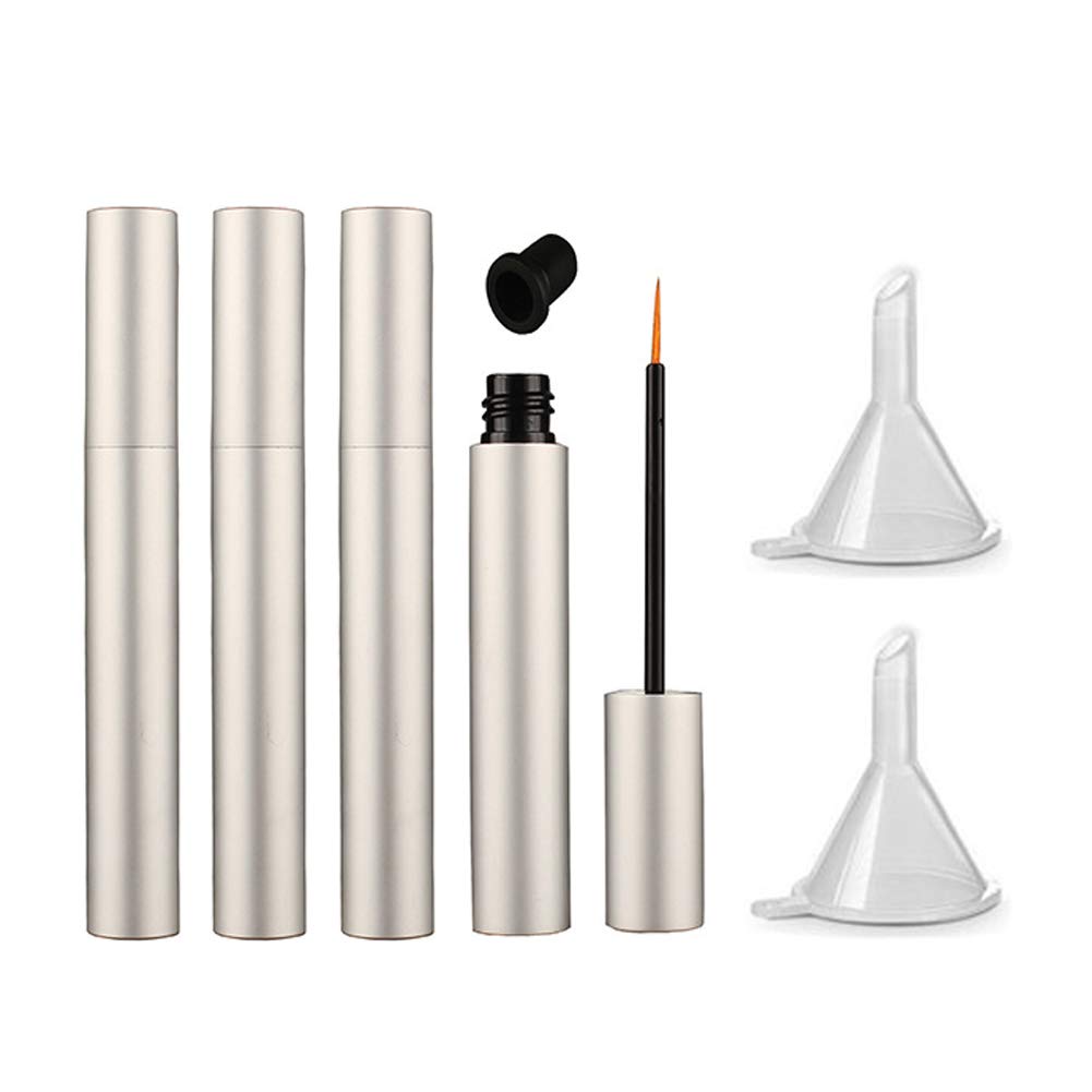 lasenersm 4 pezzi 5ml tubi per eyeliner vuoto di alluminio ricaricabili della crescita della ciglia Liquido Bottiglia di plastica Eyeliner Vials Tube con la spazzola Eyelash Growth Oil Mascara Tube con 2 Mini Funnel, opaco-argento