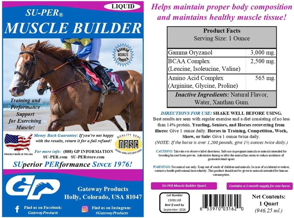 SU-PER Muscle Builder Horse Supplement - Supporto per la formazione e le prestazioni per l'esercizio muscolare - 1 gallina + pompa