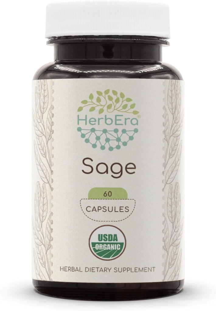 HerbEra Sage 60 capsule, 500 mg, USDA Organic Sage (Salvia officinalis) Dried Leaf (60 capsule)