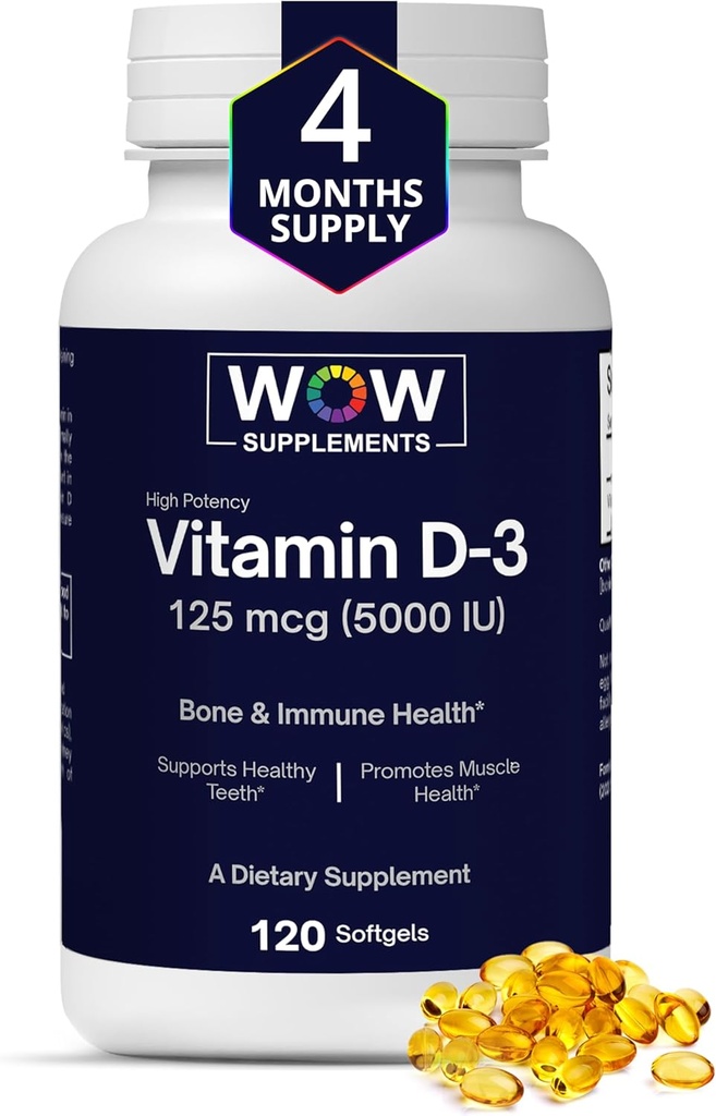 Integratori WOW Vitamina D3 5000 IU Softgels, 125 mcg - Vitamina D3 5000IU Supplemento per ossa forti e supporto immunitario - Non OGM, Vitamina senza glutine D 5000 IU - VIT D3 5000 IU Softgels - 120 Count