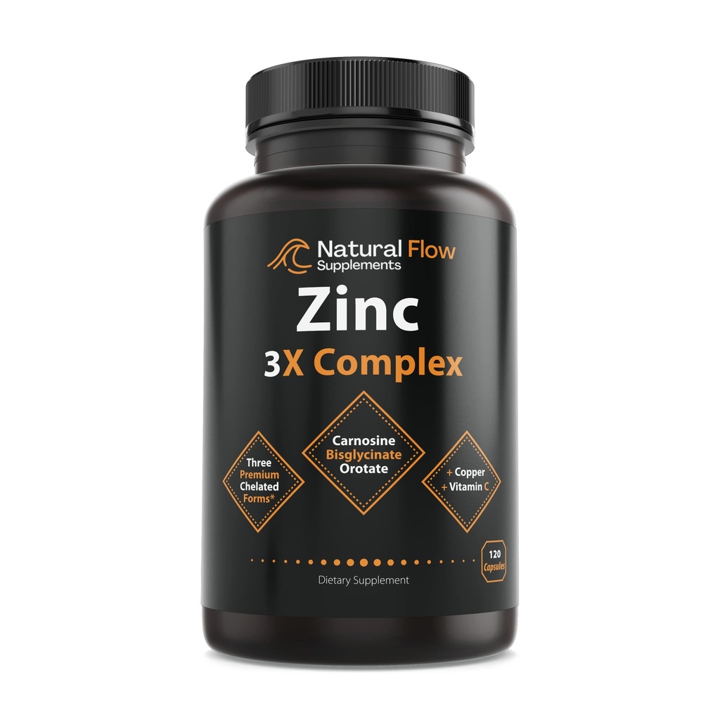Complesso di integratori di zinco con rame e vitamina C - Flusso naturale 3X Carnosina di zinco, Bisglycinate Chelate, e Orotate, Rame dilatato, Facile su Stomach, pelle e supporto immunitario, 120 capsule