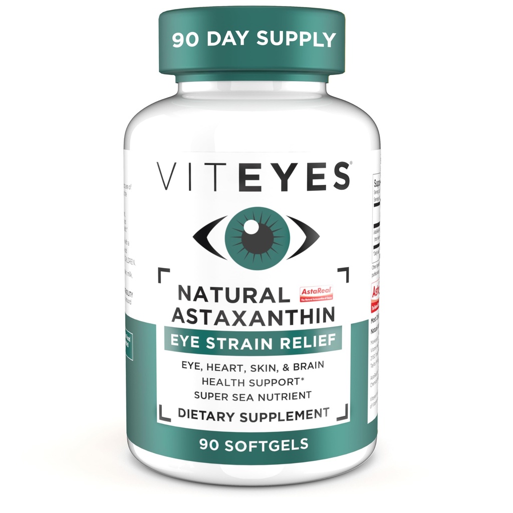 Astaxantina naturale di Viteyes, Allevia Occhi Tired & Strain, Sorgente da Alghe, Idratazione della pelle, Salute del cuore e del cervello, Astaxantina naturale da 4 a 8 mg, 90 Softgels