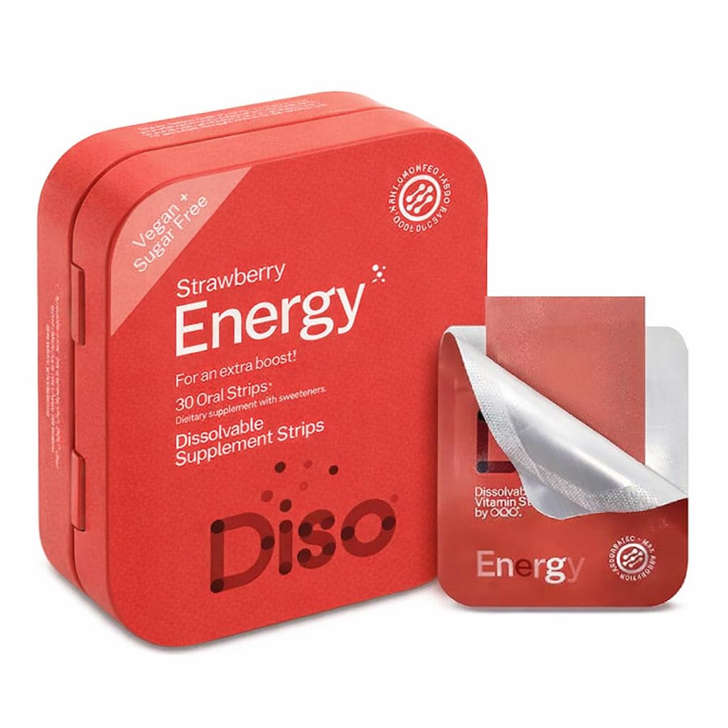 DISO - Energia - Strisce di caffeina rapidamente dissolvente con vitamine, aroma di fragole, vegano, senza zucchero, ad alto assorbimento, senza glutine, individualmente strappato, 30 strisce dissolvibili