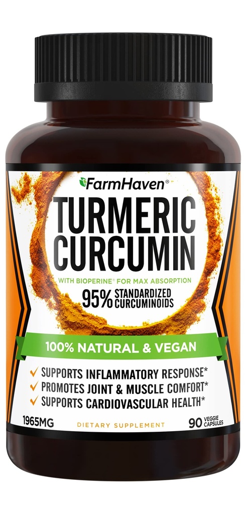 Curcuminoide curcuma con BioPerine Black Pepper & 95% Curcuminoids, 1965mg, Assorbimento massimo per il supporto congiunto, Capsule Turchesi Non OGM, Made in USA - 90 Caps Veg