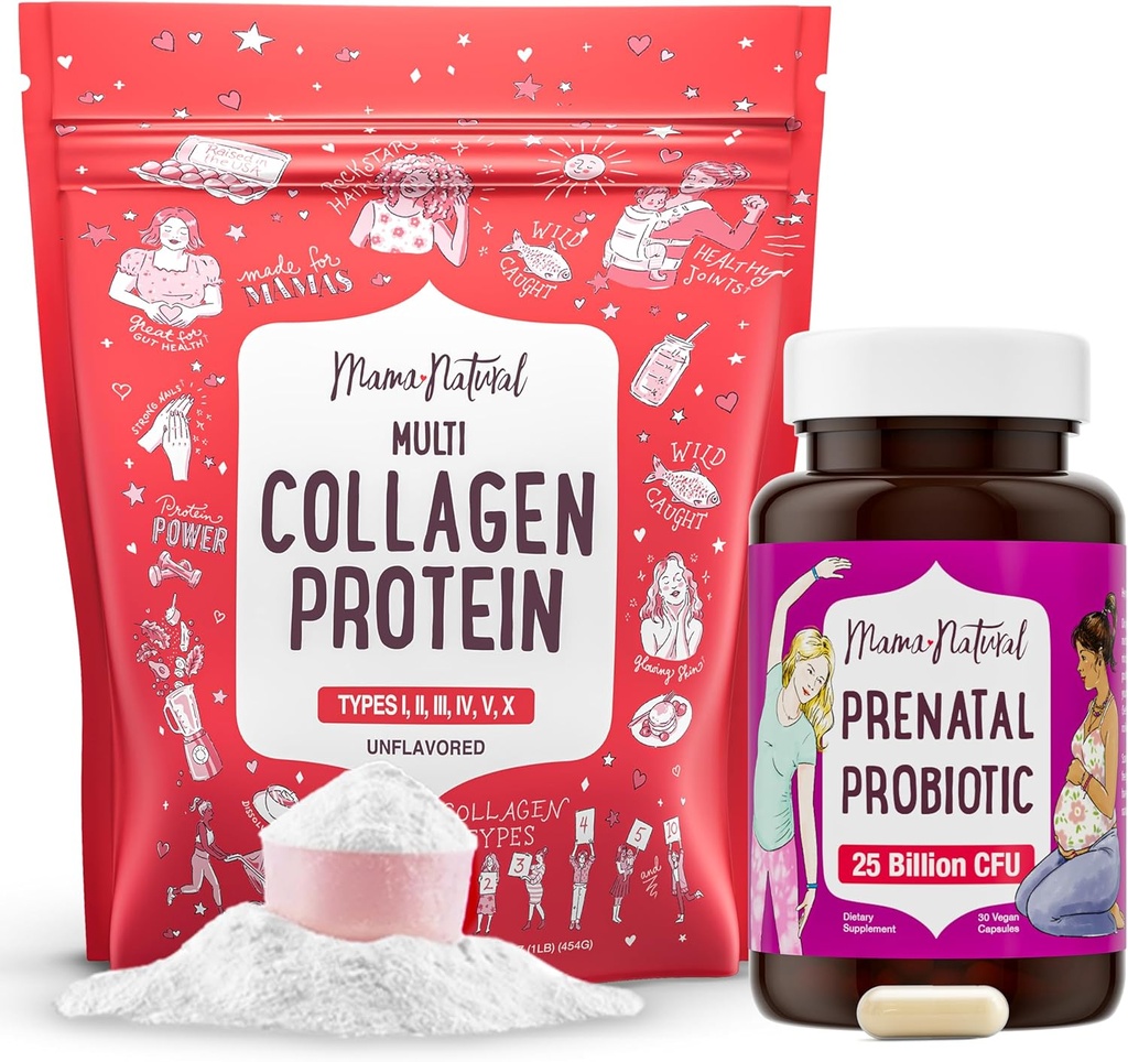 Mama Natural Pronatal Probiotic & Multi Collagen Protein Bundle - 25 miliardi di CFU & 11g idrolizzato Peptidi di collagene per la gravidanza, capelli, pelle, chiodi e supporto sanitario digestivo