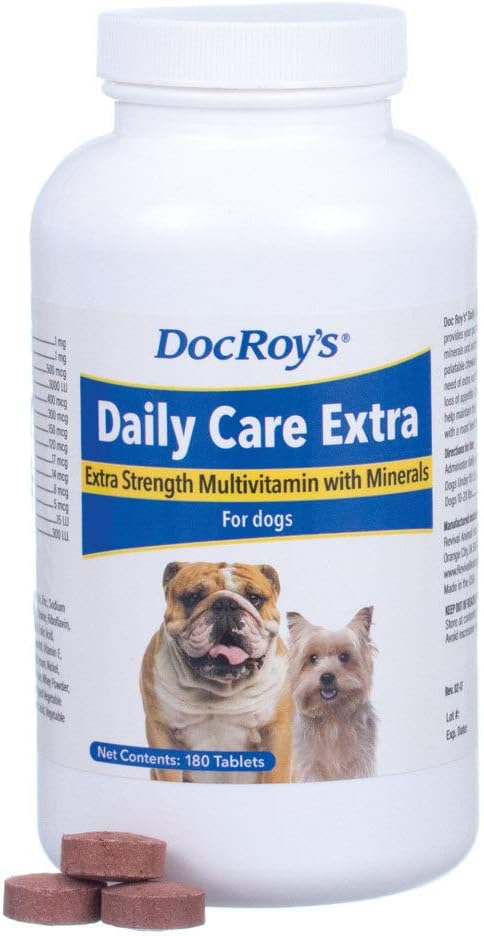 Doc Roy's Daily Care Extra, Advanced Multivitamin for Dogs, Supports Energy, Immune, Muscle, Bone and Brain Health, Fornisce Vitamine A C D3 E B Complex, Iron Zinc Magnesium Iodine, Made in USA 180 ct