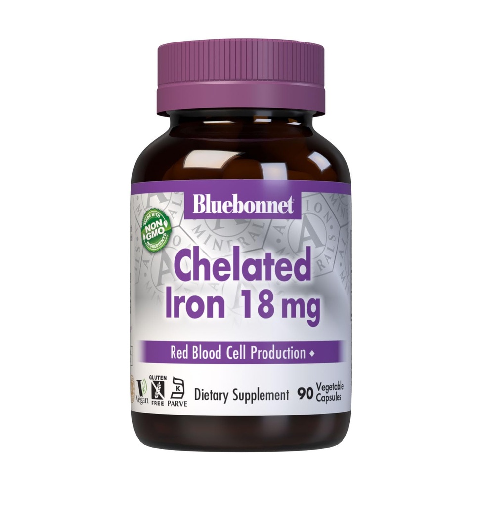 Bluebonnet Nutrition Chelated Iron 18 mg - ferro non costipante - Soy-Free, senza glutine, non OGM, Kosher Certificato, Dairy-Free, Vegan - 90 Capsule vegetali, 90 Serve