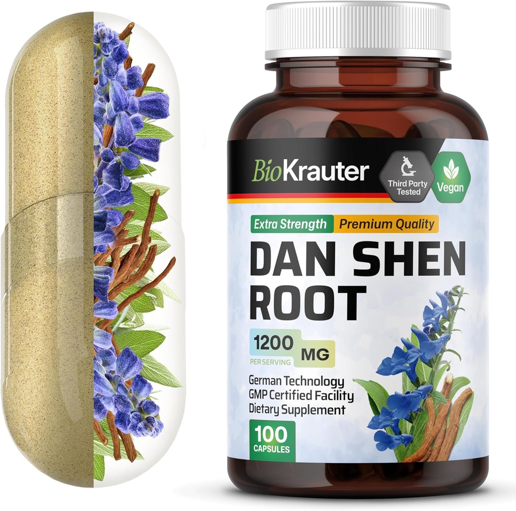 BIO KRAUTER Dan Shen Root Capsule - 1200 mg di resistenza - 100 Red Sage Caps - Antiossidante Sorgente - Salvia Miltiorrhiza Root - Vegan