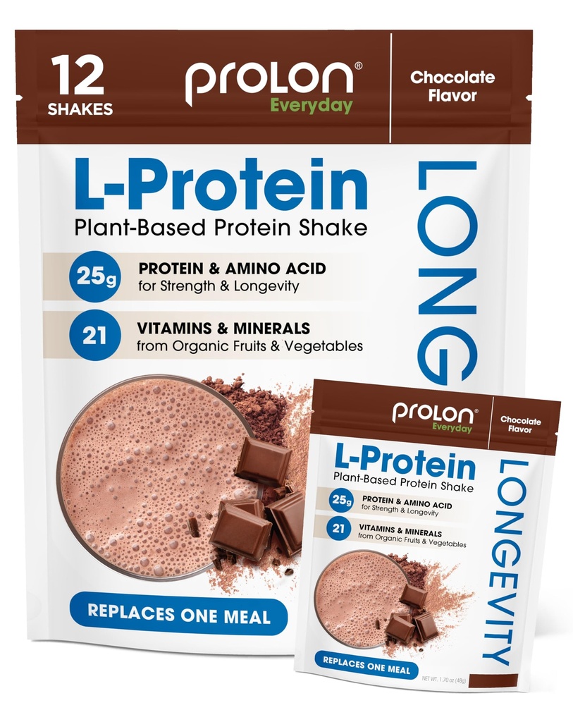 Prolon Longevity Plant Based Protein Powder | Sintesi & riparazione del muscolo, invecchiamento sano, aumentare le prestazioni | vitamine, senza glutine, aminoacidi, antiossidanti | 25g di proteine | Cioccolato, 12 pacchetti