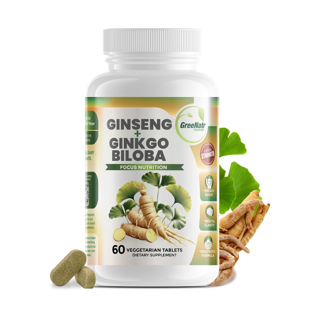 GreeNatr Ginko Biloba & Panax Ginseng Supplemento - Red Ginseng Brain Supplemento per memoria e messa a fuoco - Ginkgo Biloba Integratori per una buona visione, sistema immunitario e flusso sanguigno migliorato - 60 compresse