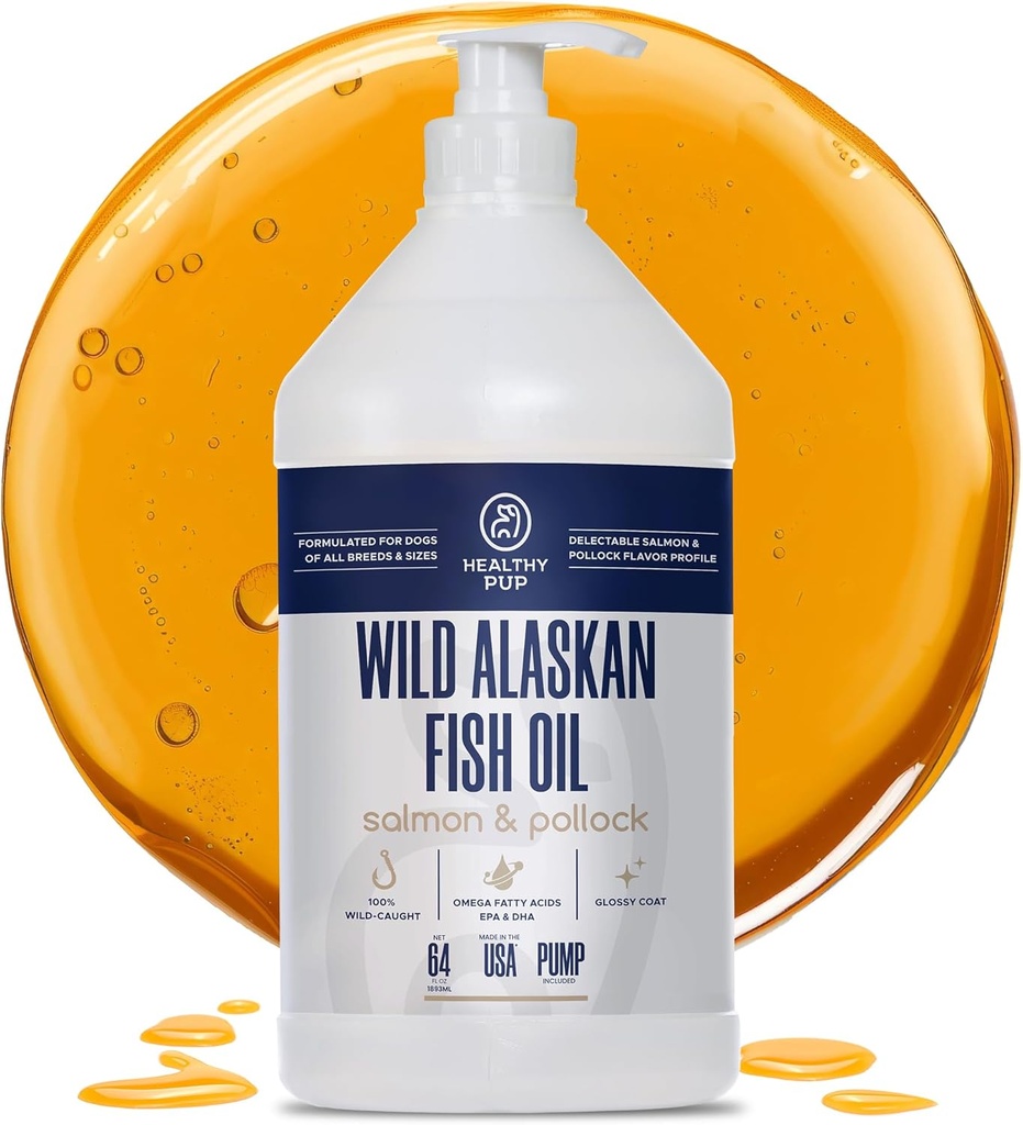Wild Alaskan Salmon olio per cani con Pollock - 64 oz di Pollock e Salmon olio, Omega 3, EPA e DHA - Dogs Skin e Coat Supplement - Made in USA