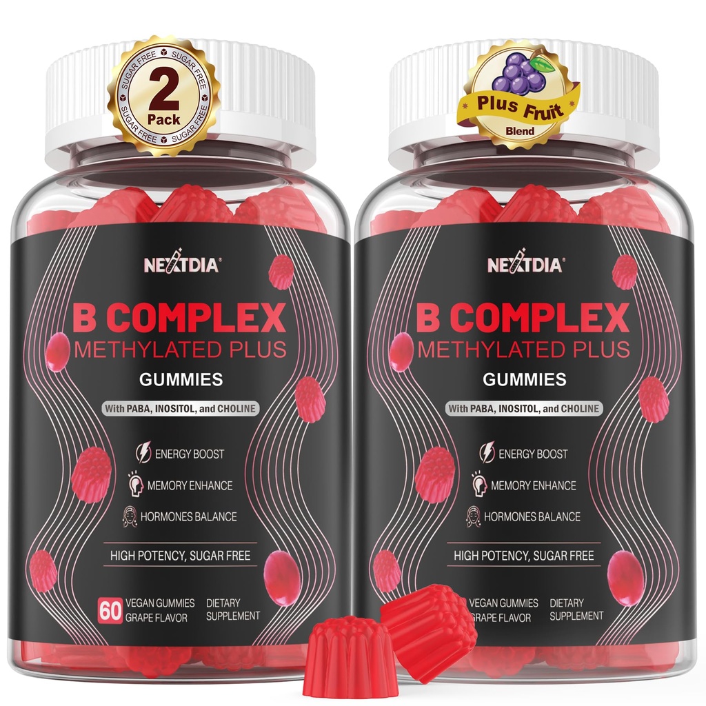 Brain & Mood Support Gummies, Super Vitamina B Complex per Uomini e Donne, Tutti B Vitamina B1 B2 B3 B6 B7 Folate MethyB12 con PABA, Inositol, Choline, Supporti MTHFR Gene & Energy, Vegan, 120Ct