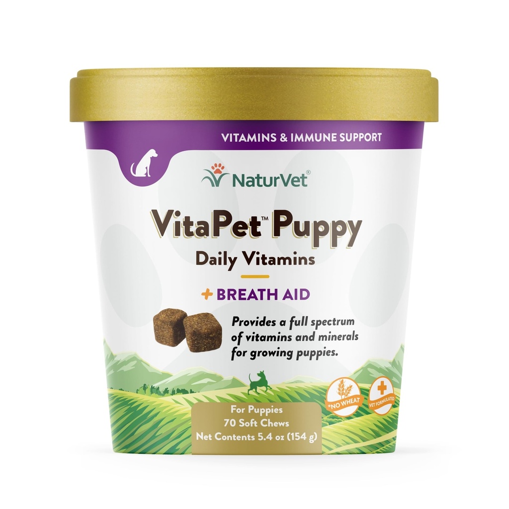 NaturVet – VitaPet Puppy Vitamine giornaliere per i cani – Plus Breath Aid – specificamente formulato per fornire i cuccioli con vitamine essenziali, minerali, aminoacidi e acidi grassi (70 Soft Chews)