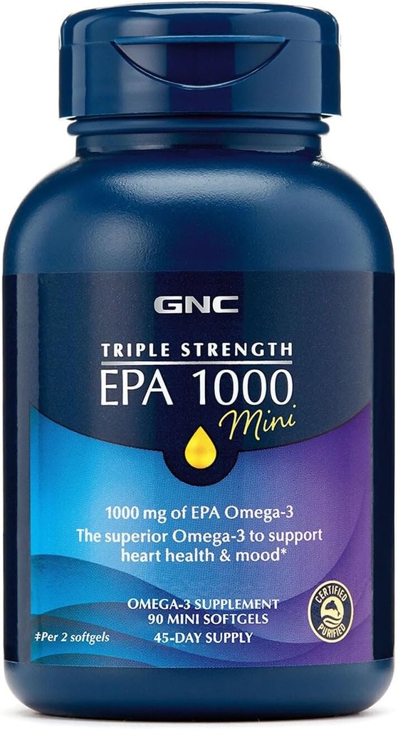 GNC Triple Strength Fish Oil EPA 1000 Mini, 1000mg Omega 3, Mini Softgels, Supporta Occhio, Cervello, Pelle, Trigliceridi sani, Cuore, Giunto, Coated to Control Fishy Burps, 45 Servings