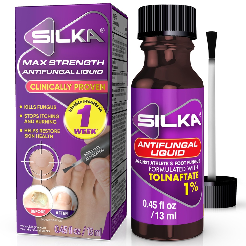 SILKA Liquido antimicotico ad alta resistenza per la salute delle unghie con il applicatore della spazzola, Risultati in 1 settimana, Trattamento del fungo per unghie danneggiate, Trattamento del piede dell'atleta, Tolnaftate 1% 0.45 Fl Oz