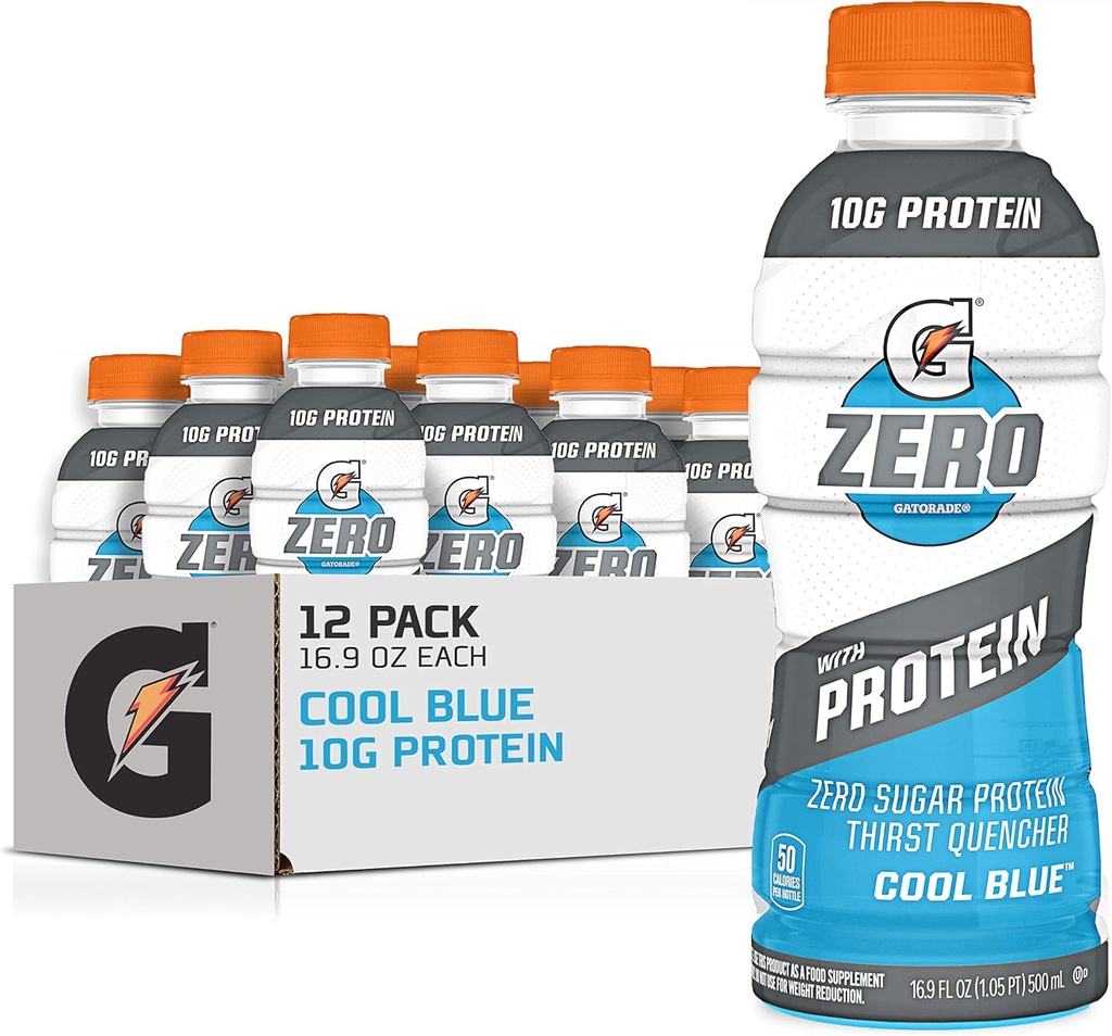 Gatorade Zero With Protein, 10g Isolato di proteine del siero, Zucchero Zero, vegetariano, Elettroliti liquidi, Blu fresco, Bottiglia da 16.9 Fl Oz, 12 Pack