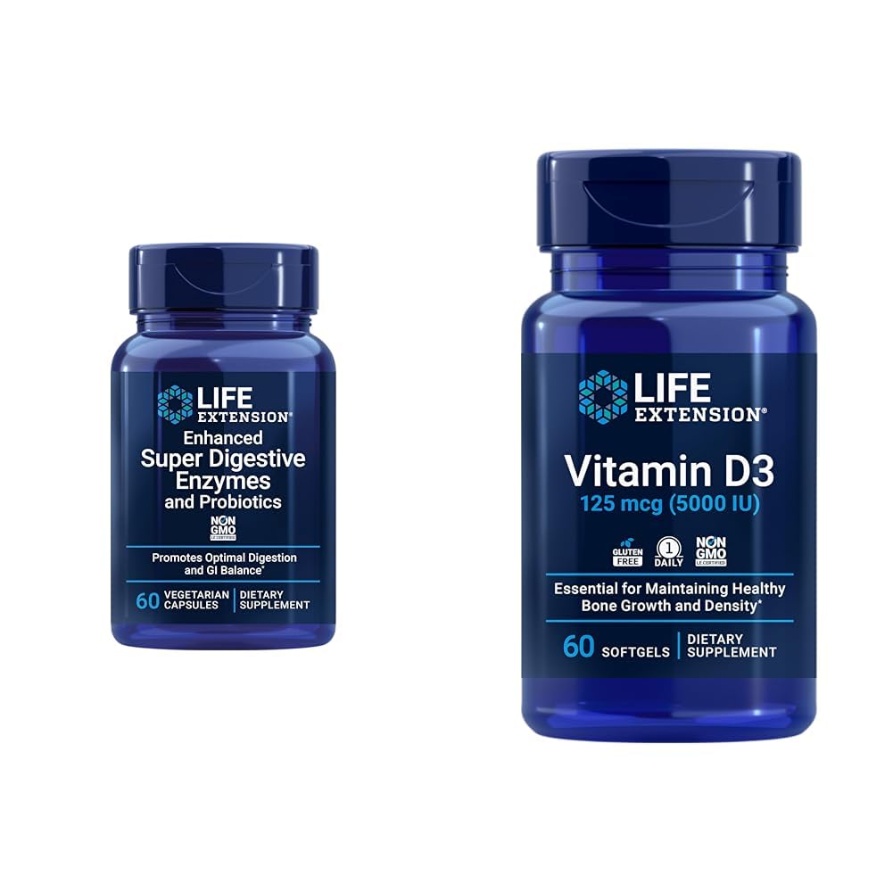 Estensione di vita 60-Count Super Digestive Enzymes & 5000 IU Vitamin D3 Capsule per Digestione, Bone, Cervello, Salute Immune
