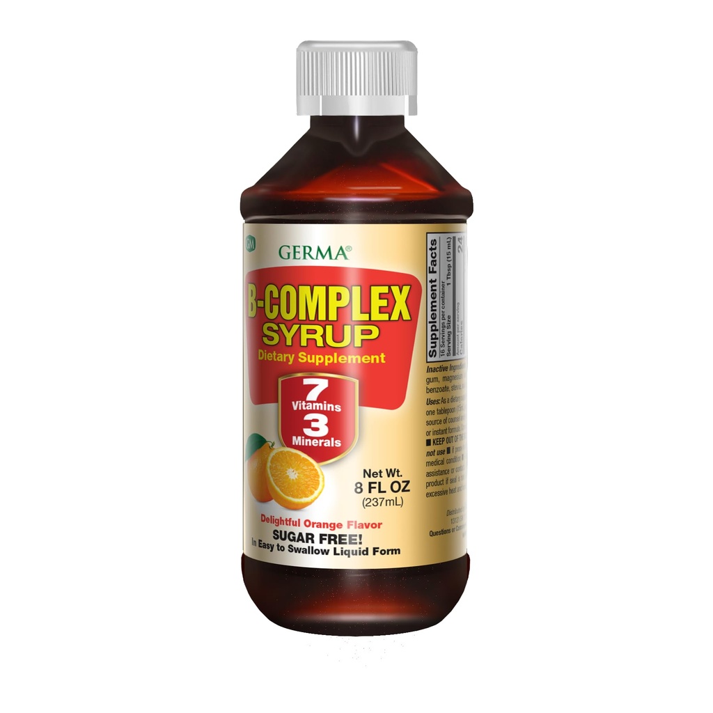 Germa B-Complex Syrup. Integratore alimentare. Bone Salute, Crescita e Sviluppo Aiuto. Zucchero Libero. Aroma arancione. 8 oz