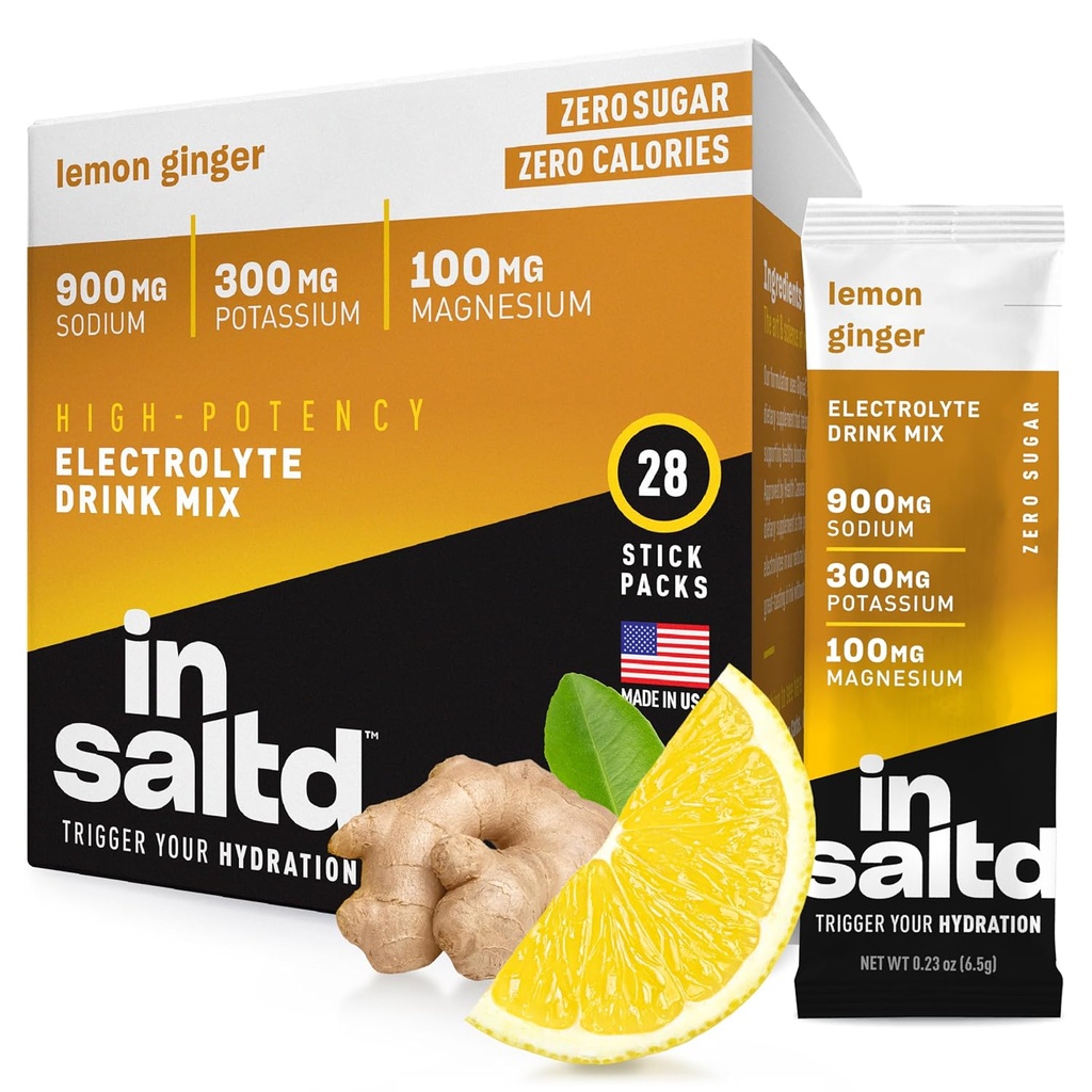 Imballaggi in polvere di elettroliti senza zucchero di INSALTDTM con nessun retrogusto Stevia | Confezioni di idratazione ad alta potenza | Bevande elettrolitiche Keto | Miscela di bevanda di di digiuno intermittente | 28 Confezione (Ginger di lemone)