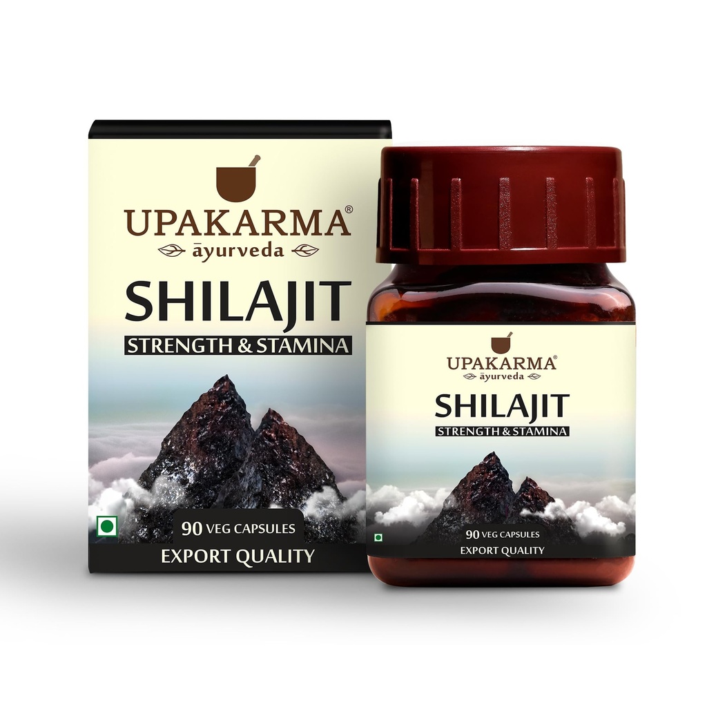 Upakarma Ayurveda 100% Pure Shilajit 90 Capsule per resistenza,Stamina, Supporto immunitario,Natural Fonte di Acido Fulvic & Trace Minerals-1000 MG per 2 Capsule (Dosaggio giornaliero), 45 giorni di alimentazione - Confezione da 1