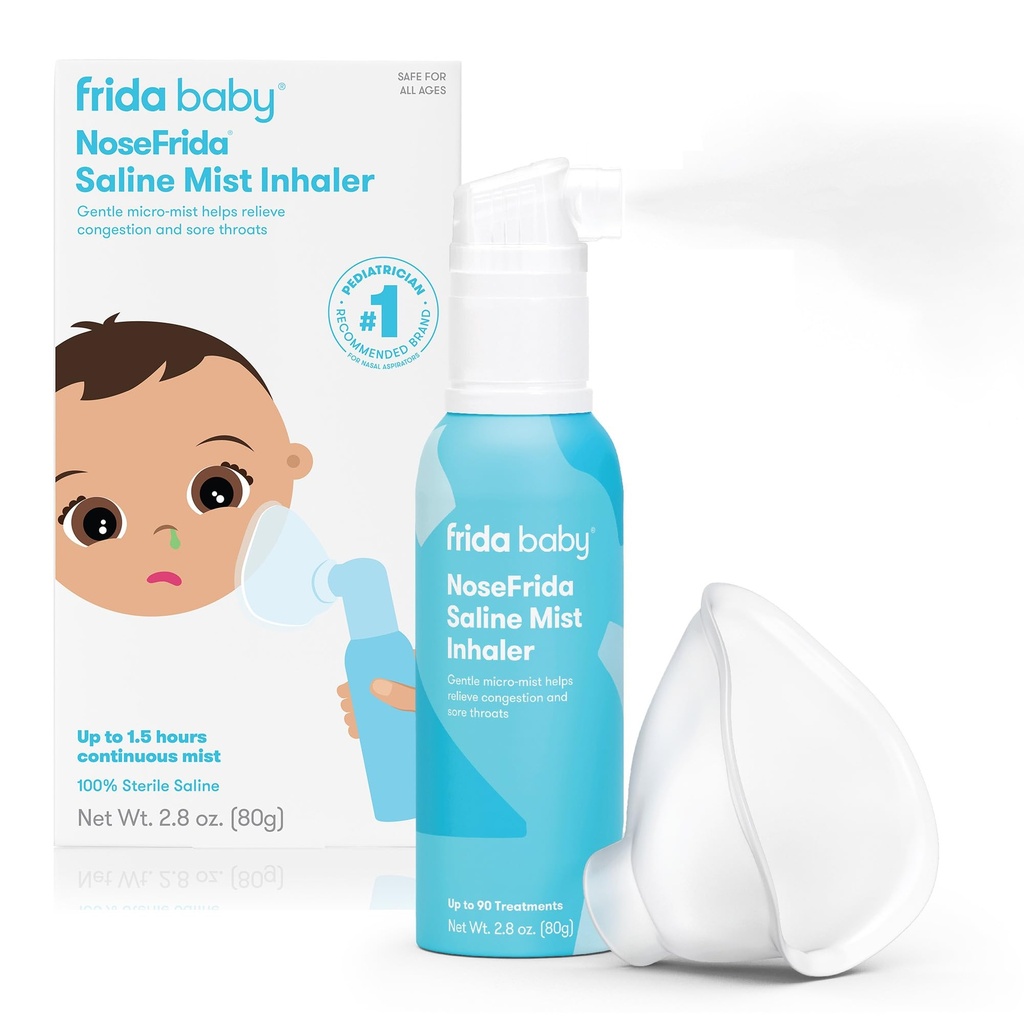 Frida Baby NoseFrida Saline Mist Nasal Inhaler, Decongestant Spray per la congestione e l'allergia Rilievo per bambini + bambini, Nasal Saline Spray, Soothes Stuffy Nose & Sore Throat, Include Mask
