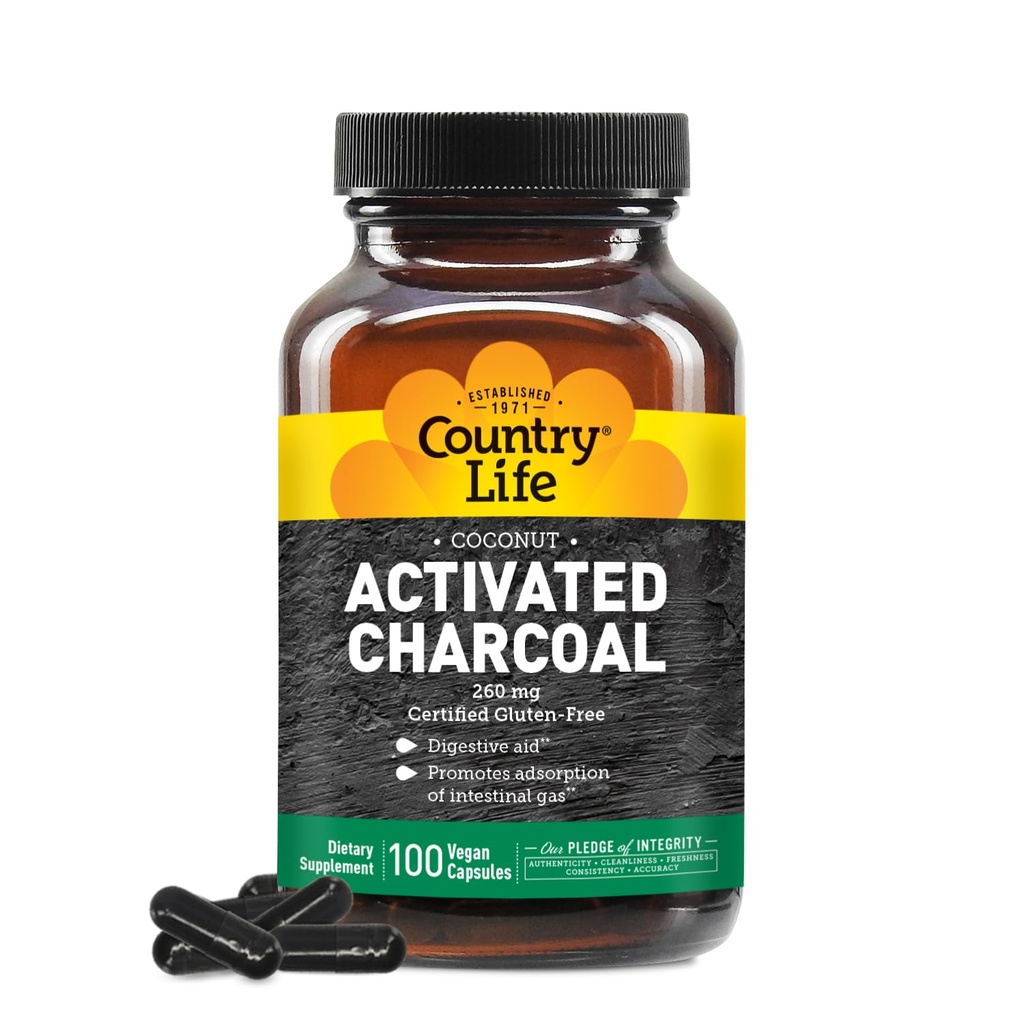 capsule di carbone attivate dal cocco di vita di campagna, 260mg – Supplemento naturale di carbone per il sollievo dal gas e dal gonfiore - Gluten-Free, 100 capsule vegane