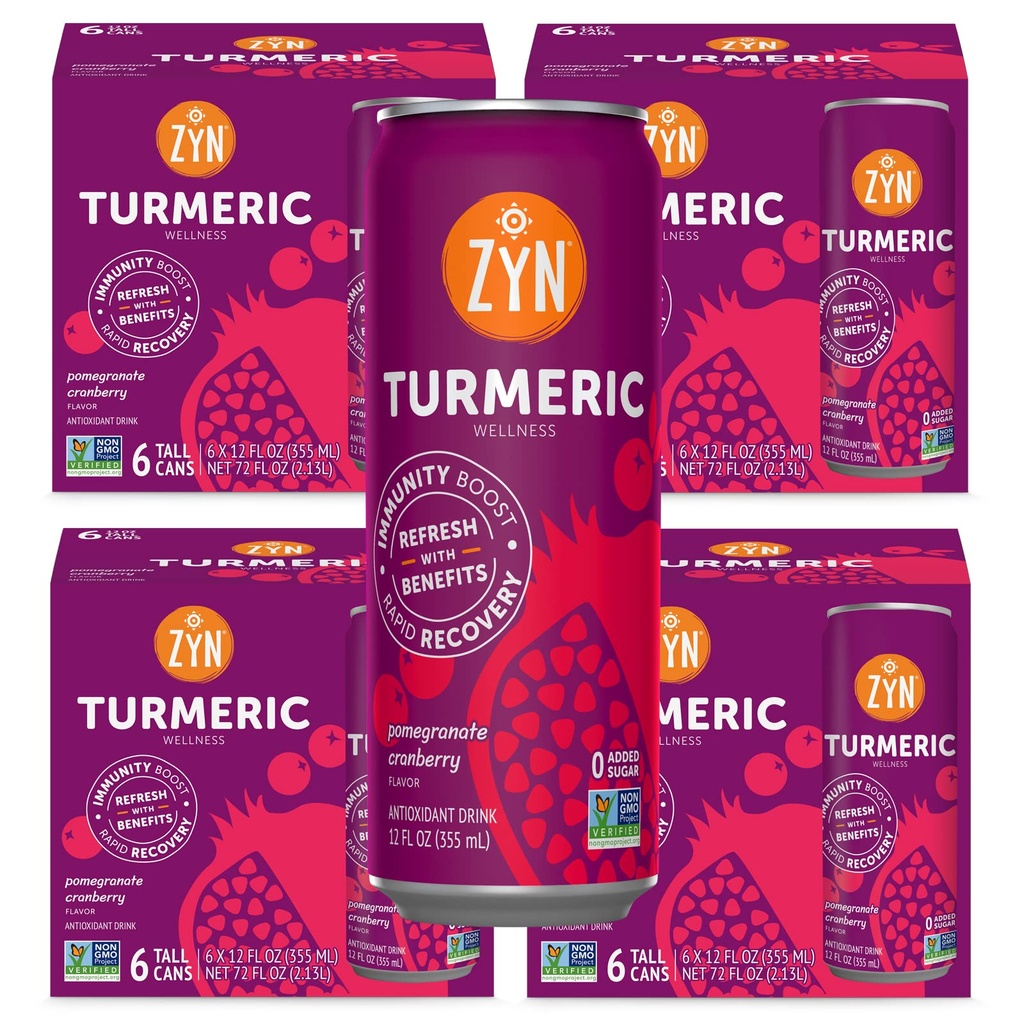 ZYN Turmeric Wellness Drink (24 Pack), Pomegranate Cranberry aromatizzato curcumina curcuma bere con pepe nero, No Aggiunto Zucchero, Carbo basso & Basso Calorie Bere, Clean Alternative
