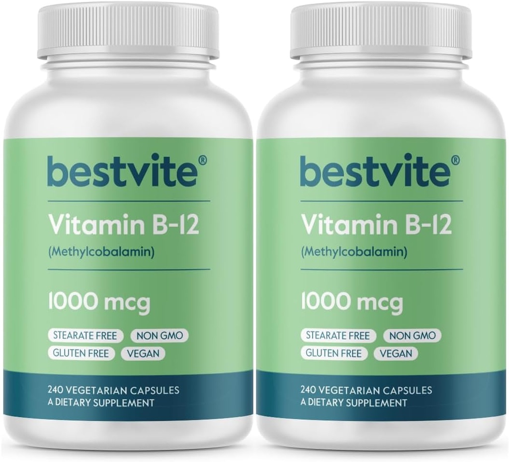 BESTVITE Vitamina B12 (metilcobalamina) 1000mcg (480 capsule vegetariane)(2 x 240) (metil B12) - No Stearates - Vegan - Non OGM - Gluten Free