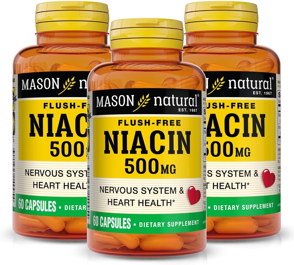 MASON Niacin NATURAL 500 mg Senza Flush, Supporta la salute del cuore, Nervous System & Energy Production, 60 capsule, Confezione da 3