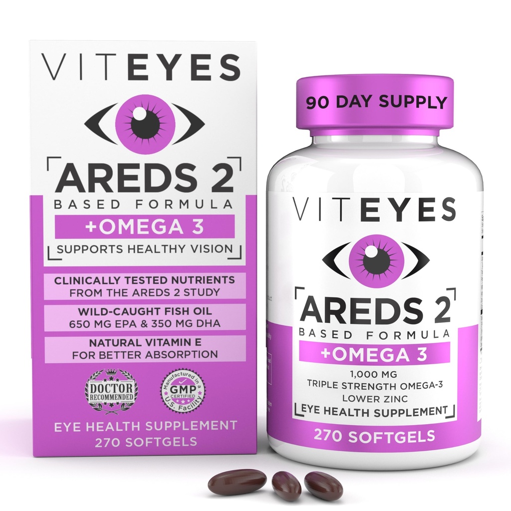 Viteyes AREDS 2 + Omega-3 Macular Support Softgels, Plus Triple Strength Omega-3 (650 mg EPA, 350 mg DHA) per la salute del cuore e degli occhi, Vitamine degli occhi, Vision Supplement, 270 Softgels