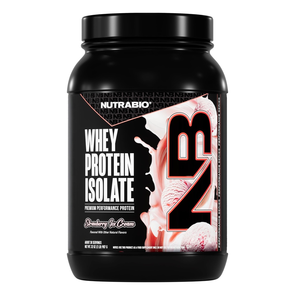 NutraBio 100% Whey Protein Isolate Protein Powder, 25g Protein con profilo completo di aminoacidi, Non-GMO, Soy & Gluten Free, Carbo basso, Polvere di proteine del siero di calorie bassa, Gelato di fragola, 2 Lbs